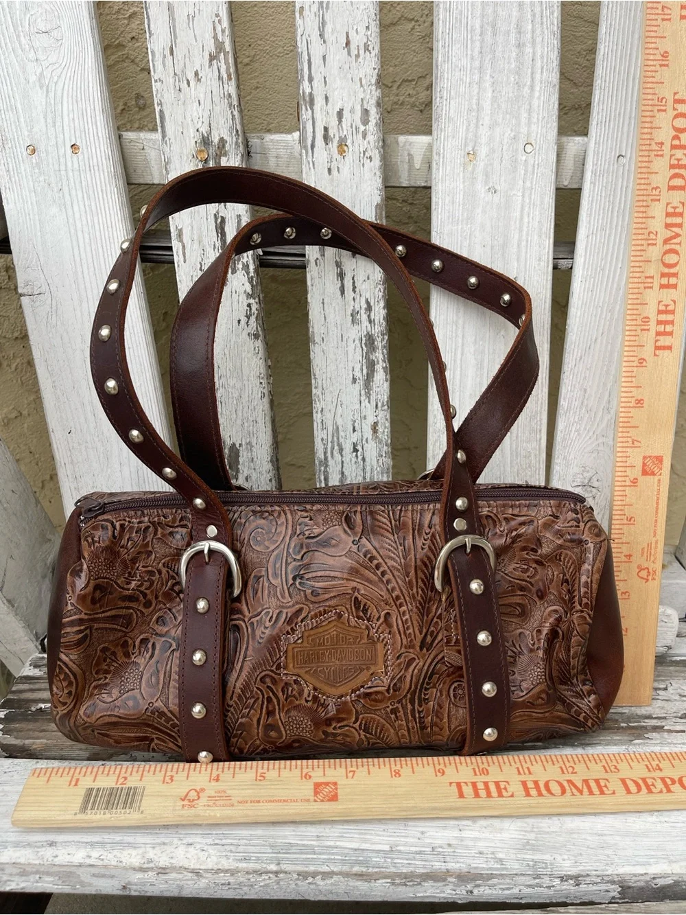 Harley-Davidson Brown Tooled Leather Barrel Satchel Shoulder Bag
